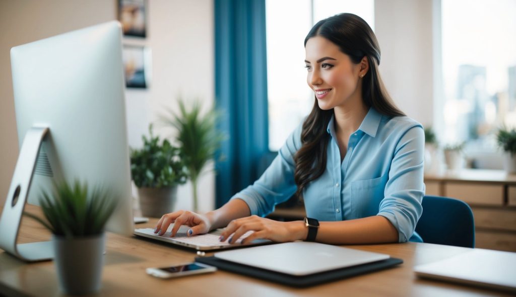 A real estate investor at her computer conducting a Zoom call to learn more about increasing occupancy and fair rental days.