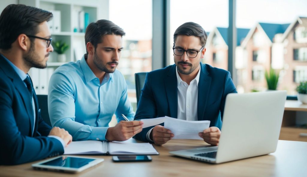 Three real estate investors discussing how to file an insurance claim on a rental property the own.