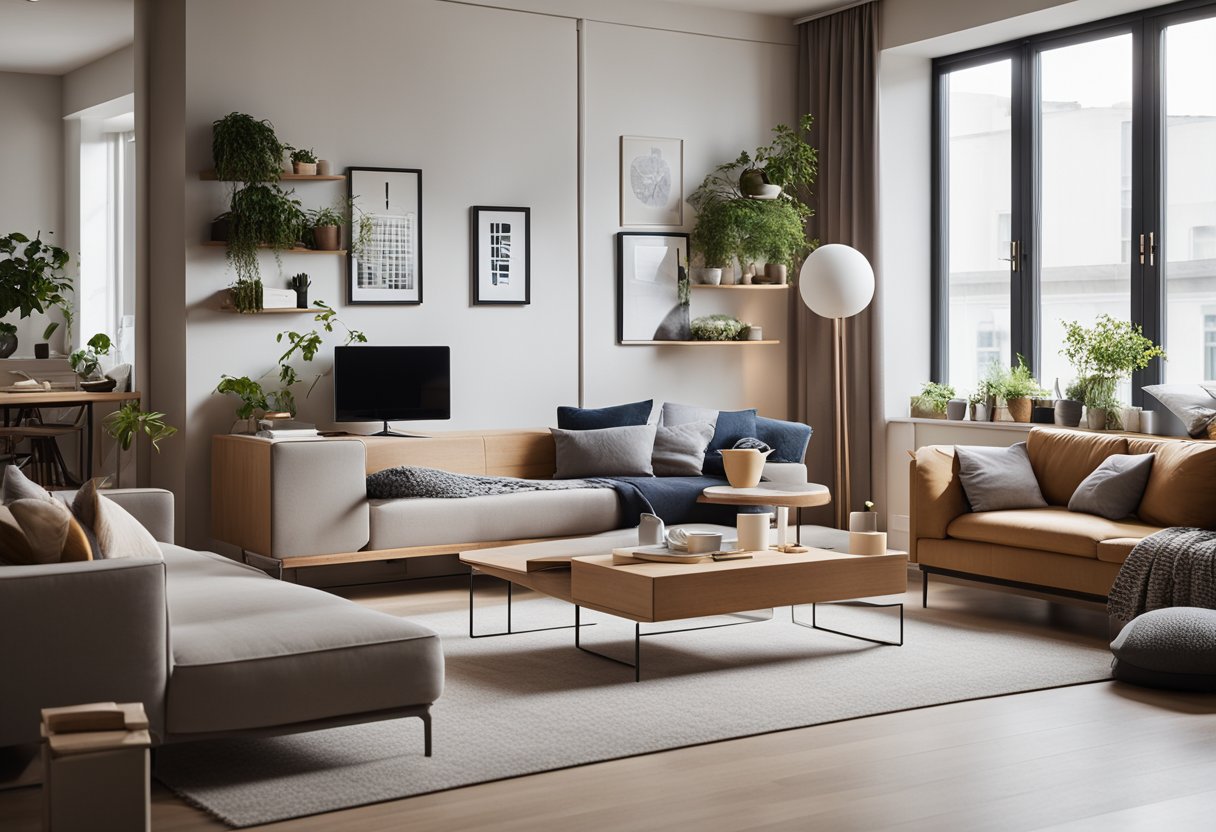 A cozy apartment with flexible furniture arrangements and smart storage solutions to maximize space. Natural light floods the room through large windows, creating a warm and inviting atmosphere for potential renters