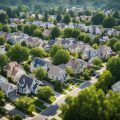 A crowded neighborhood with many "For Sale" signs, while a nearby area has few signs and more green space