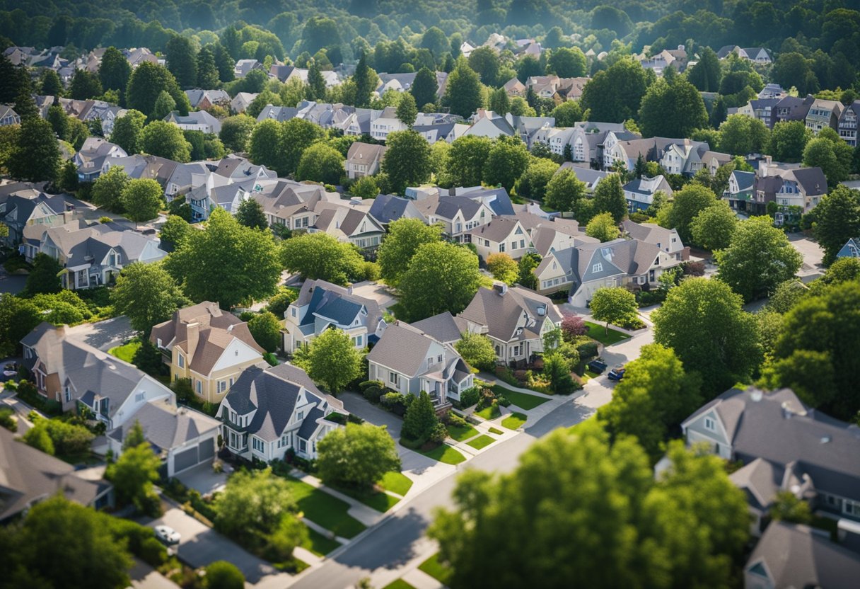 A crowded neighborhood with many "For Sale" signs, while a nearby area has few signs and more green space