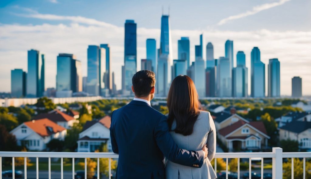 A male and female real estate investing couple looking out of their office window at a bustling city skyline with skyscrapers on one side and suburban houses on the other, symbolizing the divergence in housing market inventory