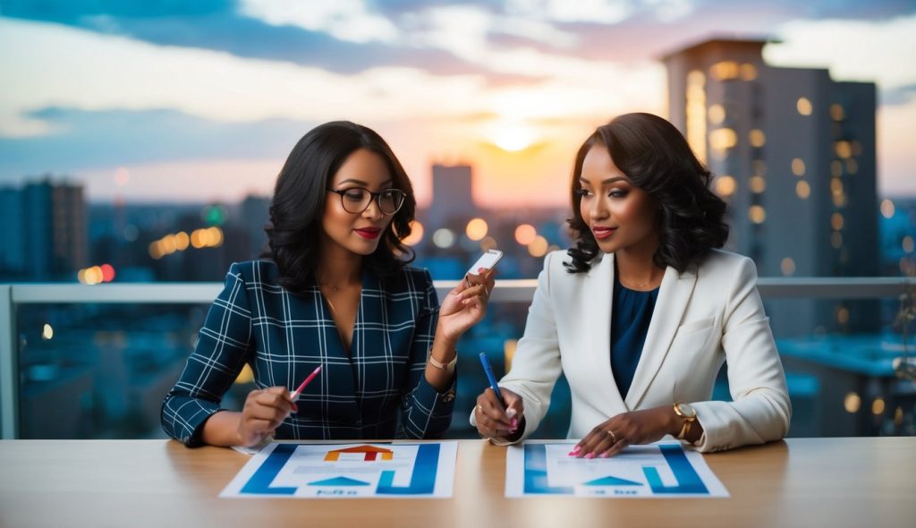 Two female real estate investors discussing the factors leading to divergence in the housing market and the implications for purchasing rental property.