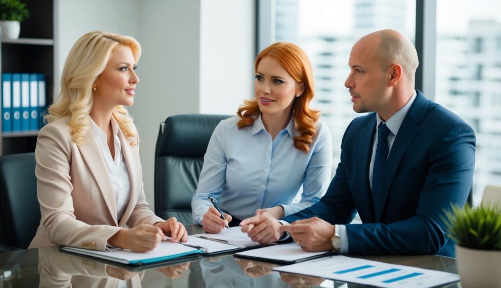 Two female real estate investors (one is blonde and one is a read head) meeting in the office of their male accountant (who is bald) discussing the tax implications of fair rental days for a rental property they own.