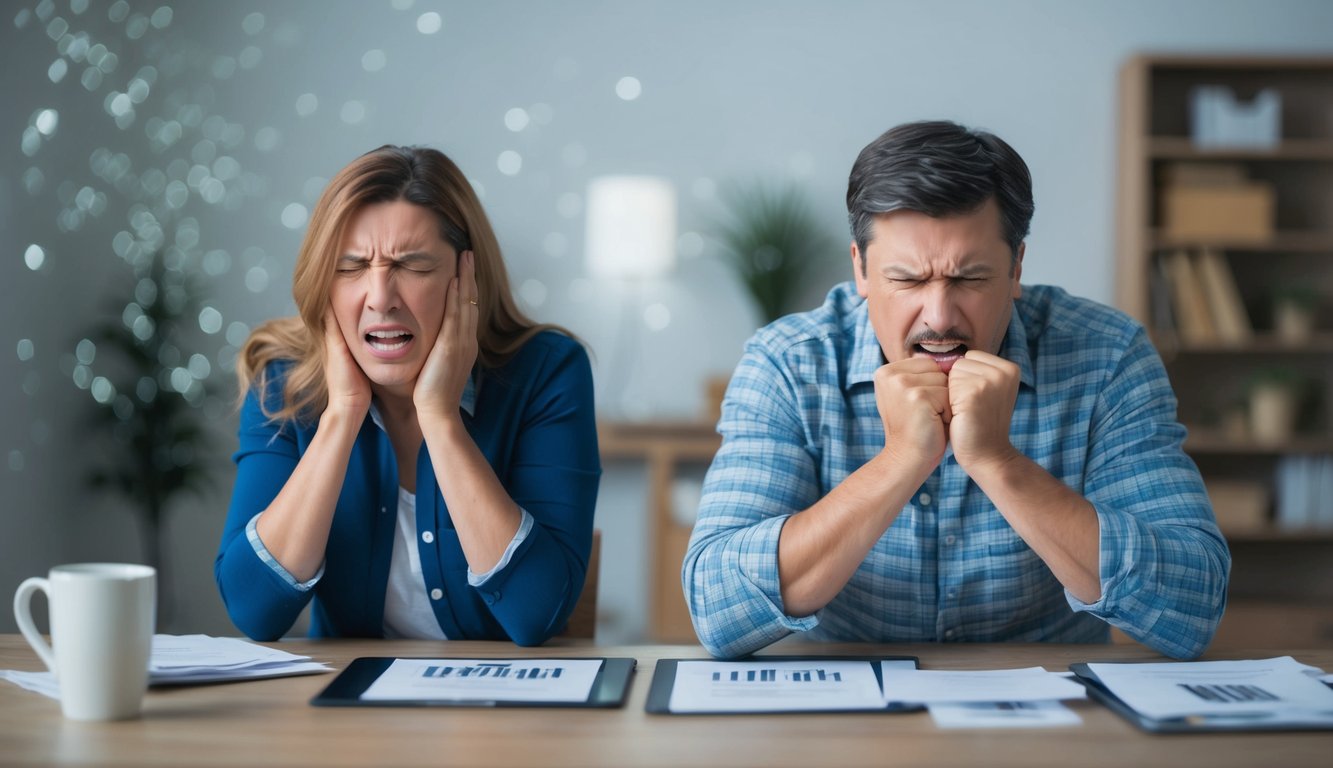 A husband and wife real estate investing team realizing they have become victims of title fraud. The wife is crying and throwing something and the husband is clenching his fists in after.