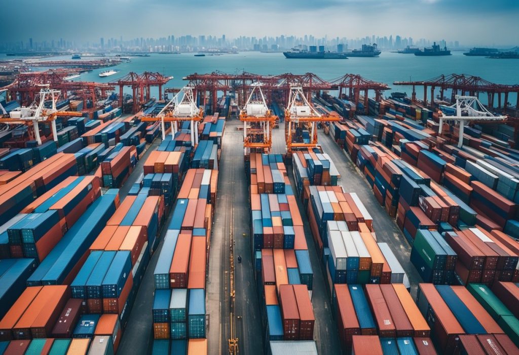 A skyline of city buildings with a mix of modern and traditional architecture, surrounded by shipping containers and cargo ships in a bustling port