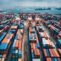 A skyline of city buildings with a mix of modern and traditional architecture, surrounded by shipping containers and cargo ships in a bustling port