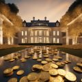 A luxurious mansion surrounded by gold bitcoins, symbolizing investment in real estate and digital currency