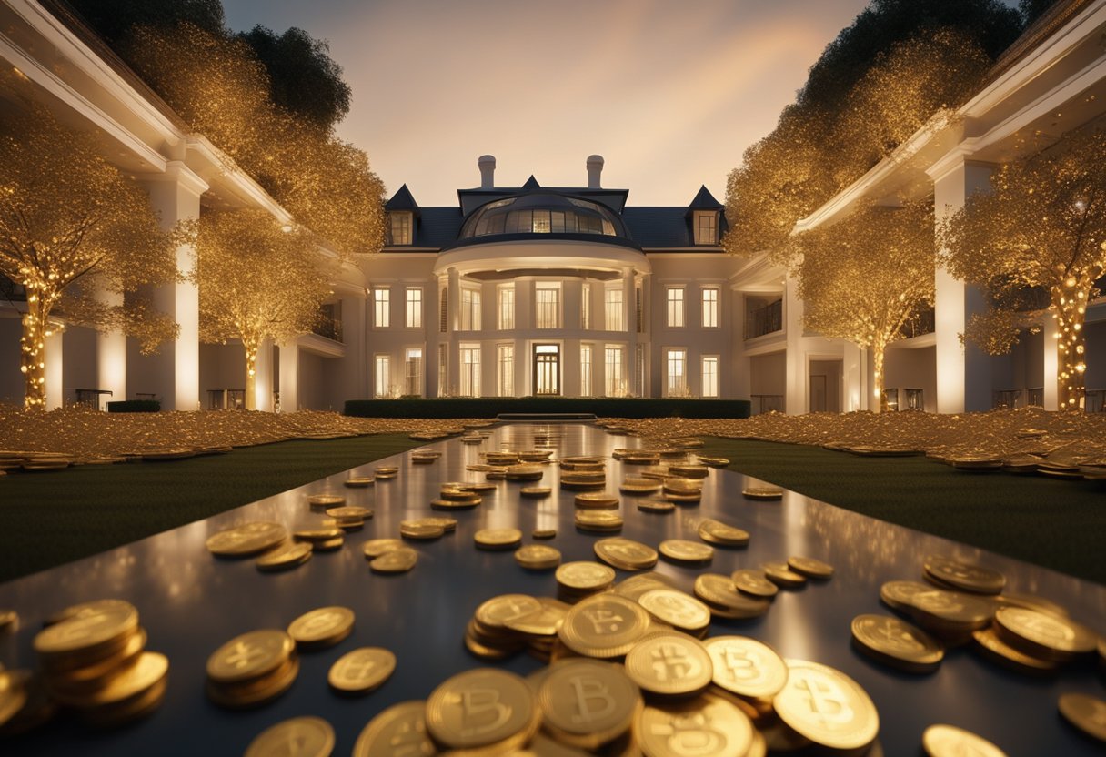 A luxurious mansion surrounded by gold bitcoins, symbolizing investment in real estate and digital currency