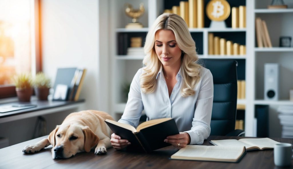 A female real estate investor with blonde hair sitting in her home office reading about gold, Bitcoin, and real estate investment options. Her Labrador retriever is curled up next to her on the floor sleeping.