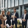 A group of people gather around a modern building, each holding a small piece of a property deed. They appear to be discussing their shared ownership of the building