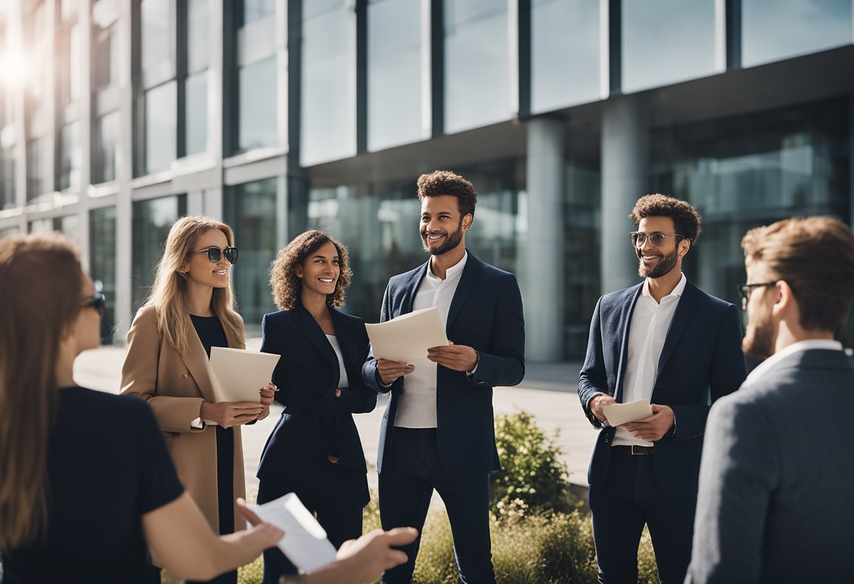 A group of people gather around a modern building, each holding a small piece of a property deed. They appear to be discussing their shared ownership of the building