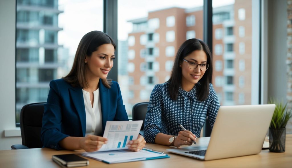 Two female real estate investors sitting in their office in front of a computer screen analyzing real-time rental property data. Outside of their office window an apartment building can be seen.