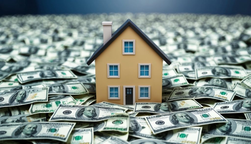 A house surrounded by dollar bills symbolizing how using real-time rental property data can maximize rental income while keeping vacancy rates low.