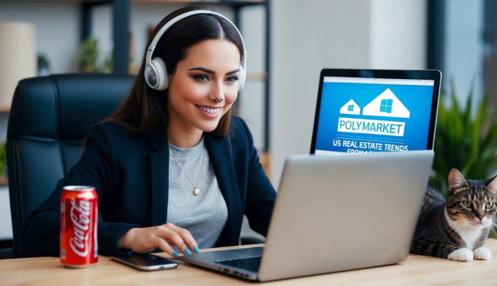 A female computer geek with a nose ring working on her laptop using Polymarket to predict future trends in the US real estate market. A can of soda is on her desk next to her cat.