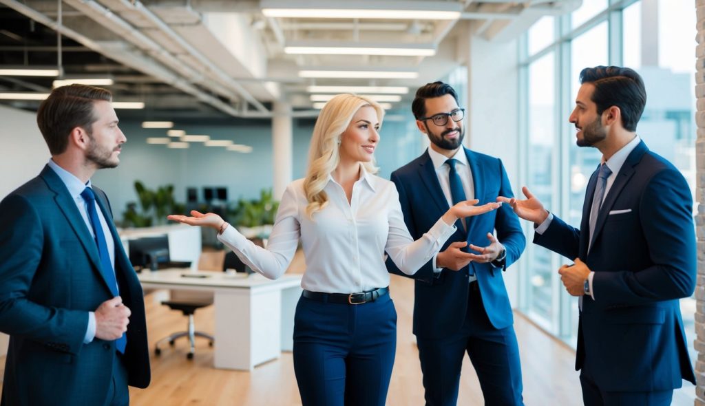 Two male high-tech office tenants in Silicon Valley looking at office space to lease with a blonde female real estate broker. The woman is gesturing at the size of the space and the men are impressed with the affordable price.