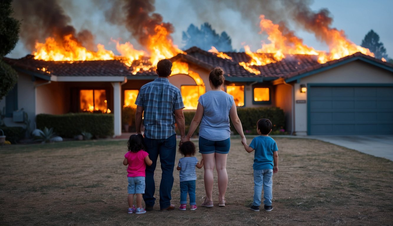 A husband and wife with two small children watching their house go up in flames during a California wildfire.