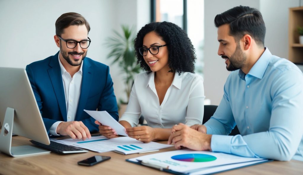 A male and female real estate investing team reviewing various insurance coverage options at a desk with a computer and paperwork spread out in front of them