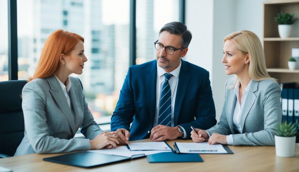 Two female real estate investors, one a red head and one a blonde, meeting with their male tax advisor in his office to discuss real estate transfer taxes on a property they are considering selling.