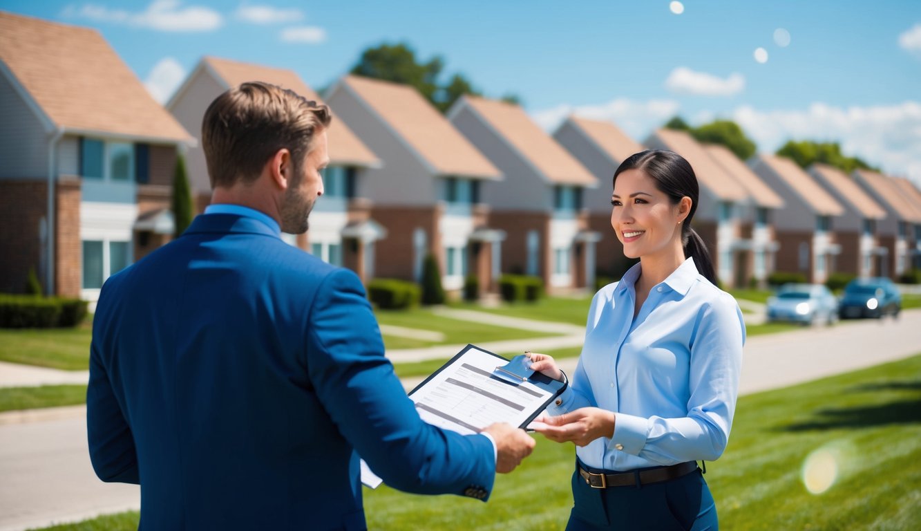 A sunny day with a row of rental properties, each with a "For Rent" sign. A real estate agent appraises one of the properties