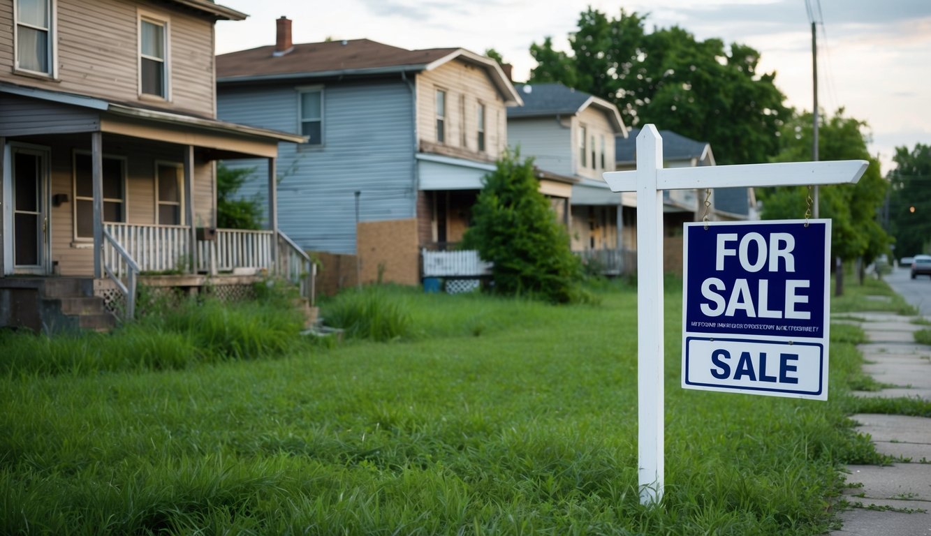 Empty, neglected houses with overgrown lawns, boarded-up windows, and "For Sale" signs in a deteriorating neighborhood during an economic downturn