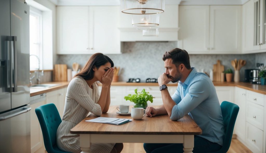 A husband and wife sitting at the kitchen table discussing the terrible economy and not making enough money to buy food and pay the rent.