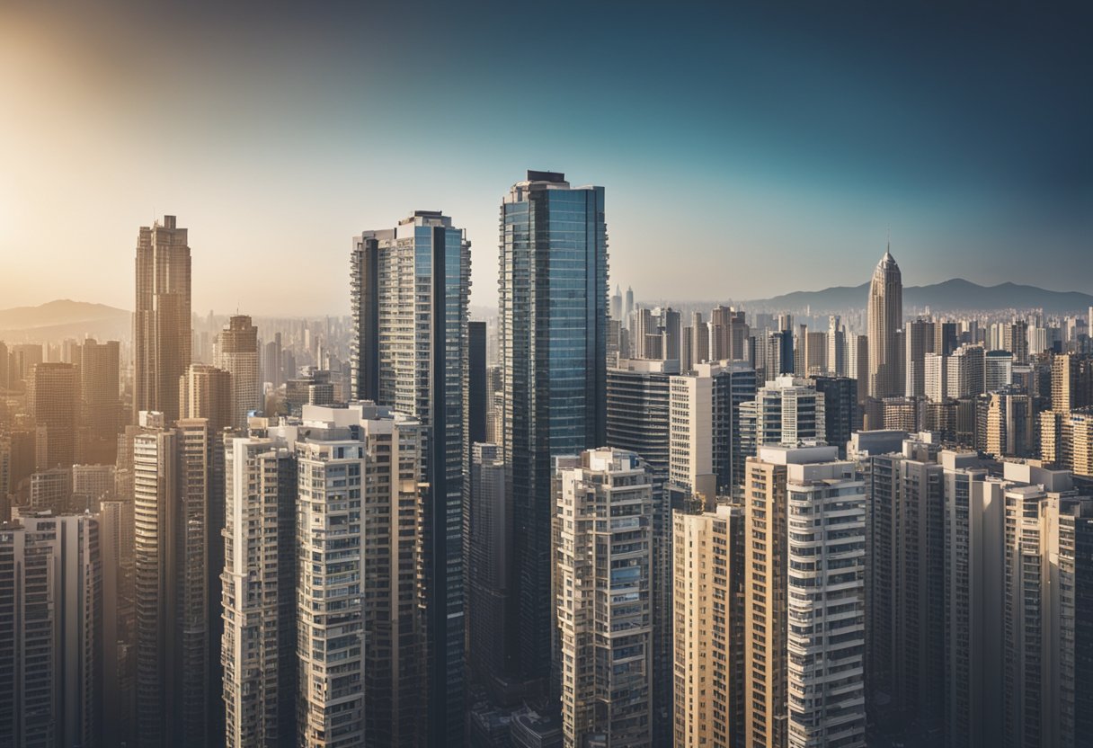 A skyline of towering buildings with rising price tags, surrounded by bustling streets and crowded apartment complexes