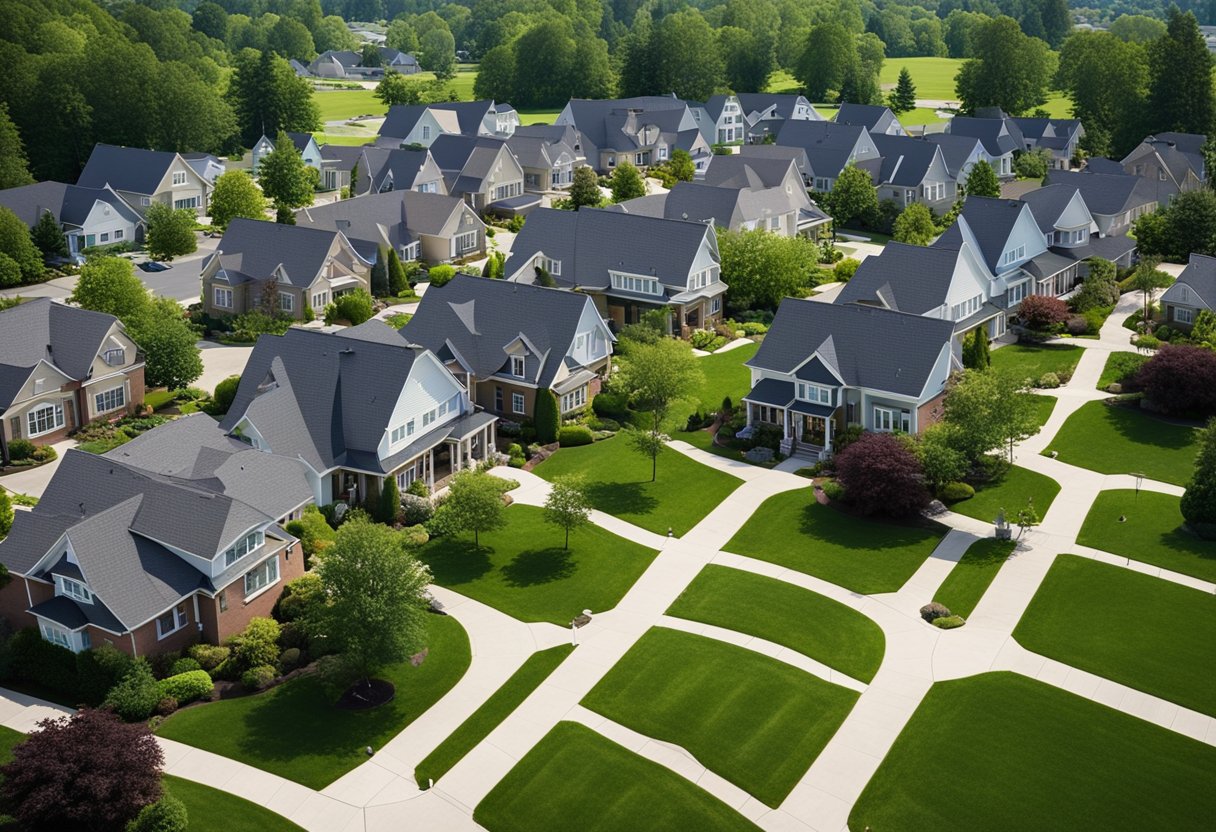 A group of suburban houses with neatly manicured lawns, surrounded by a network of sidewalks and streetlights, with a community center in the background