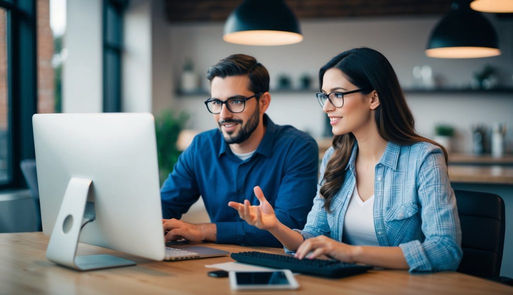 Two geeks, one male and one female, looking at a computer screen talking about how to invest in real estate RWAs.