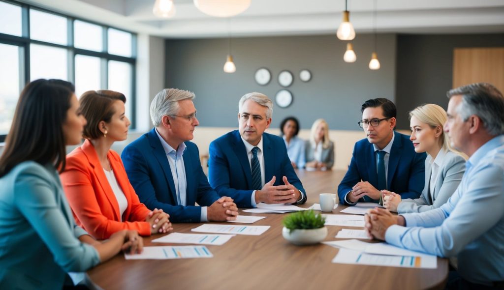 A group of investors, both male and female and young and old, discussing real estate RWA questions in a community meeting room