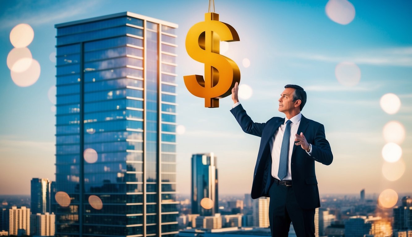 A group of real estate investors standing in front of an office building discussing the valuation of the property. The office building is tall with more than 50 stories, and a dollar sign is floating in the air as the investors speak to one another.