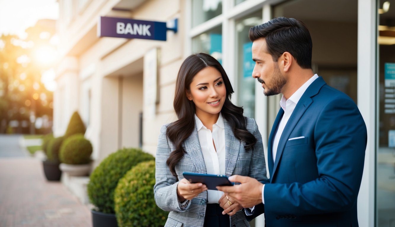 A male and female real estate investing couple standing in front of a bank, talking about the different ways to buy rental property without using a bank loan.