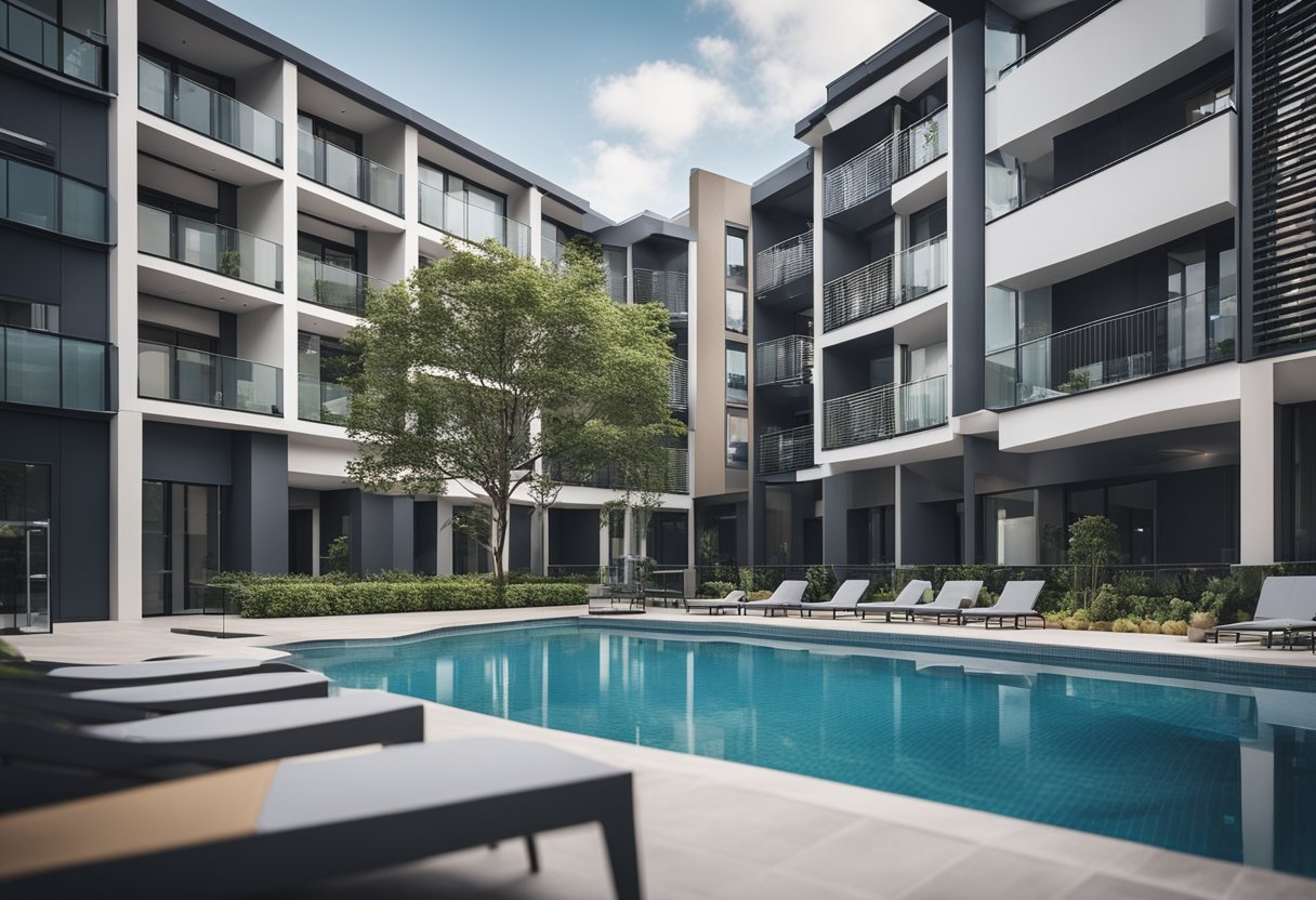 A modern apartment building with a landscaped courtyard and amenities such as a pool and gym