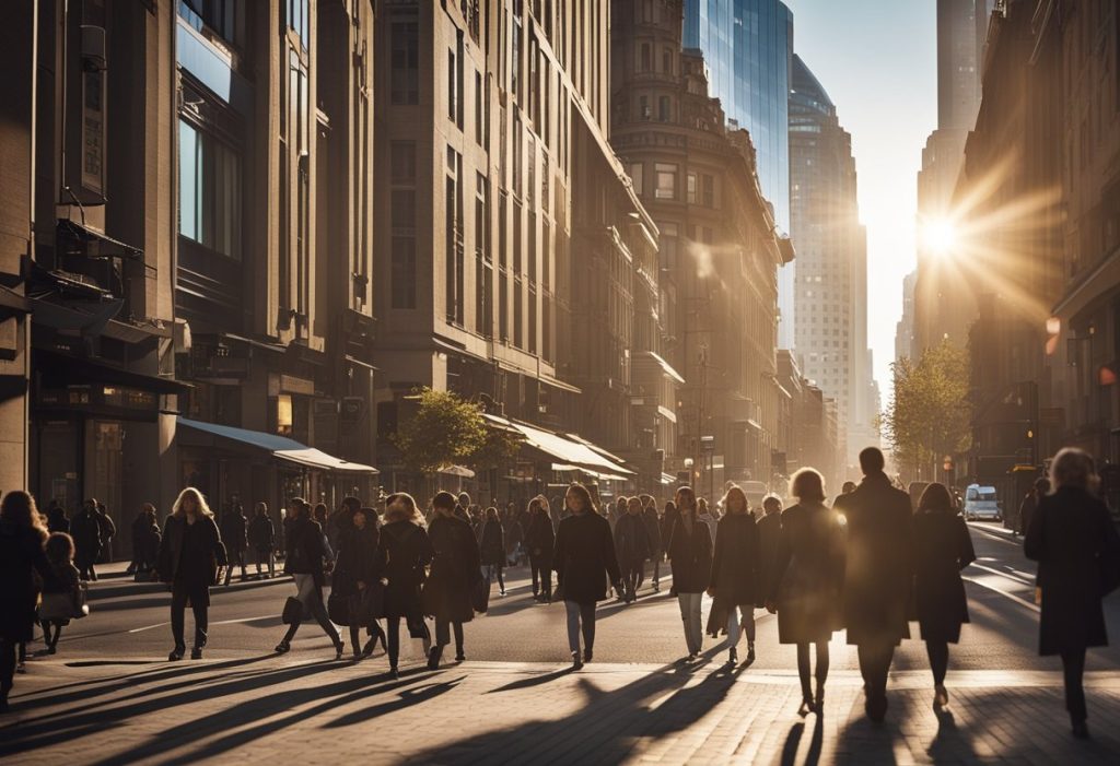A bustling city street with tall buildings and a variety of shops, with people walking and cars driving by. The scene is set in the late afternoon with the sun casting long shadows