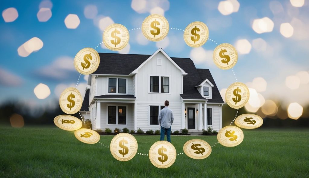 A house surrounded by dollar signs, watched by a husband and wife who are distraught about rising home prices.
