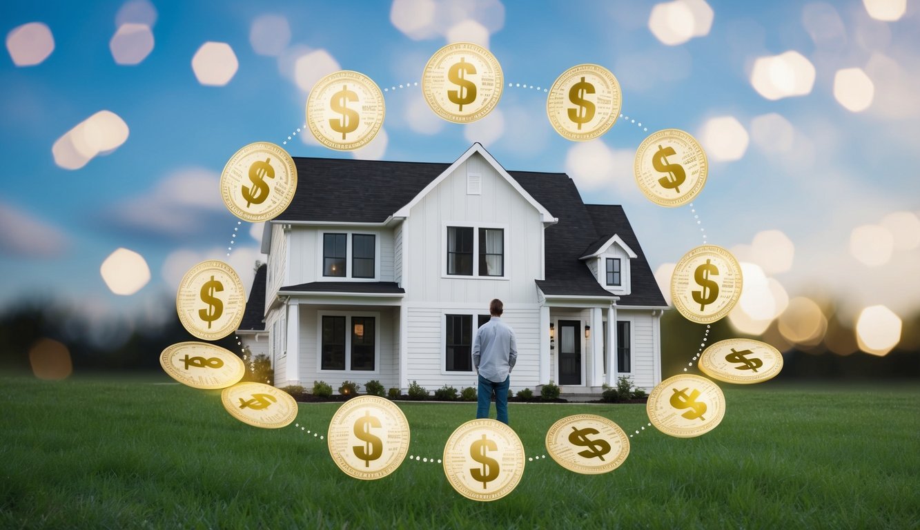 A house surrounded by dollar signs, watched by a husband and wife who are distraught about rising home prices.