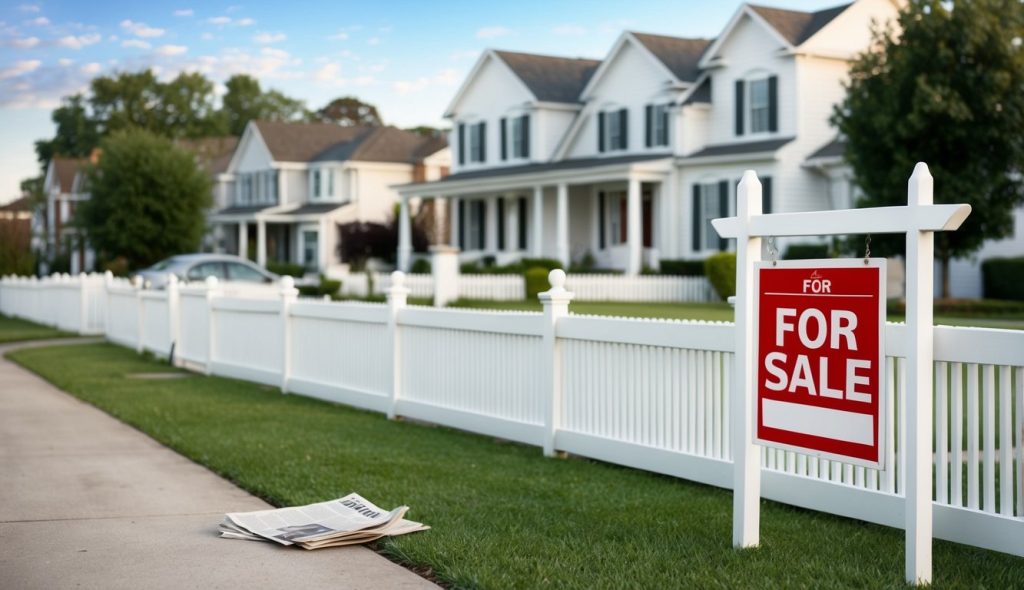 A suburban neighborhood with rows of houses, a white picket fence, and a "For Sale" sign. A newspaper with the headline "Trump tariffs" lies on the driveway