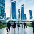 A bustling city skyline with futuristic skyscrapers and high-tech infrastructure, surrounded by green spaces and modern transportation networks with office workers walking to work.