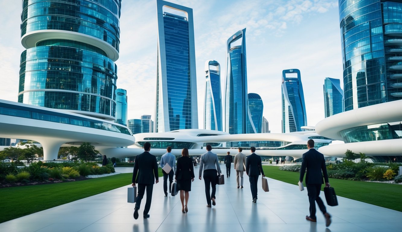 A bustling city skyline with futuristic skyscrapers and high-tech infrastructure, surrounded by green spaces and modern transportation networks with office workers walking to work.