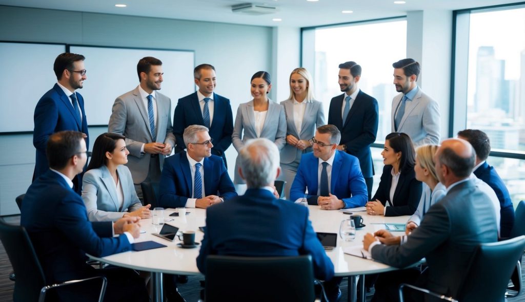 A group of real estate investors meeting in a conference room discussing potential investment opportunities in the coming years.