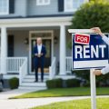 A real estate agent place a For Rent sign in from of a home has her client watches her work.