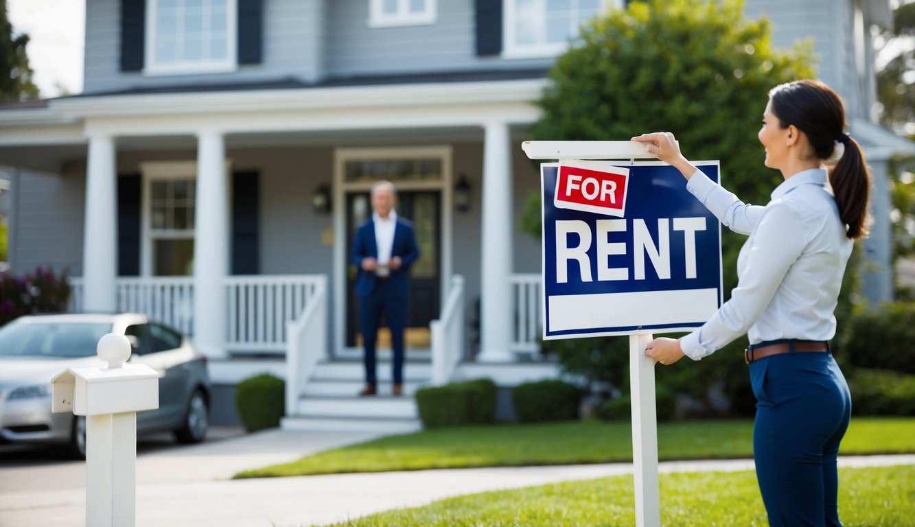 A real estate agent place a For Rent sign in from of a home has her client watches her work.