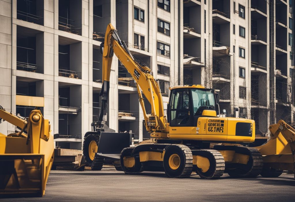 A group of buildings surrounded by construction equipment, with a sign displaying "carried interest in CRE" prominently displayed