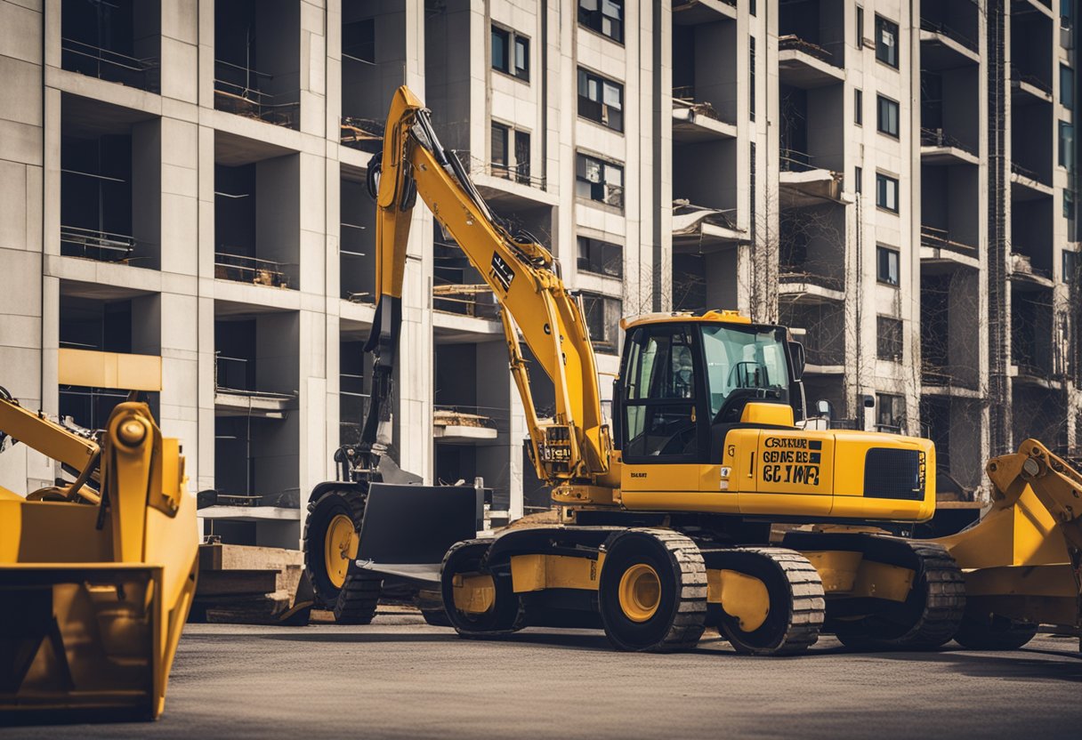 A group of buildings surrounded by construction equipment, with a sign displaying "carried interest in CRE" prominently displayed