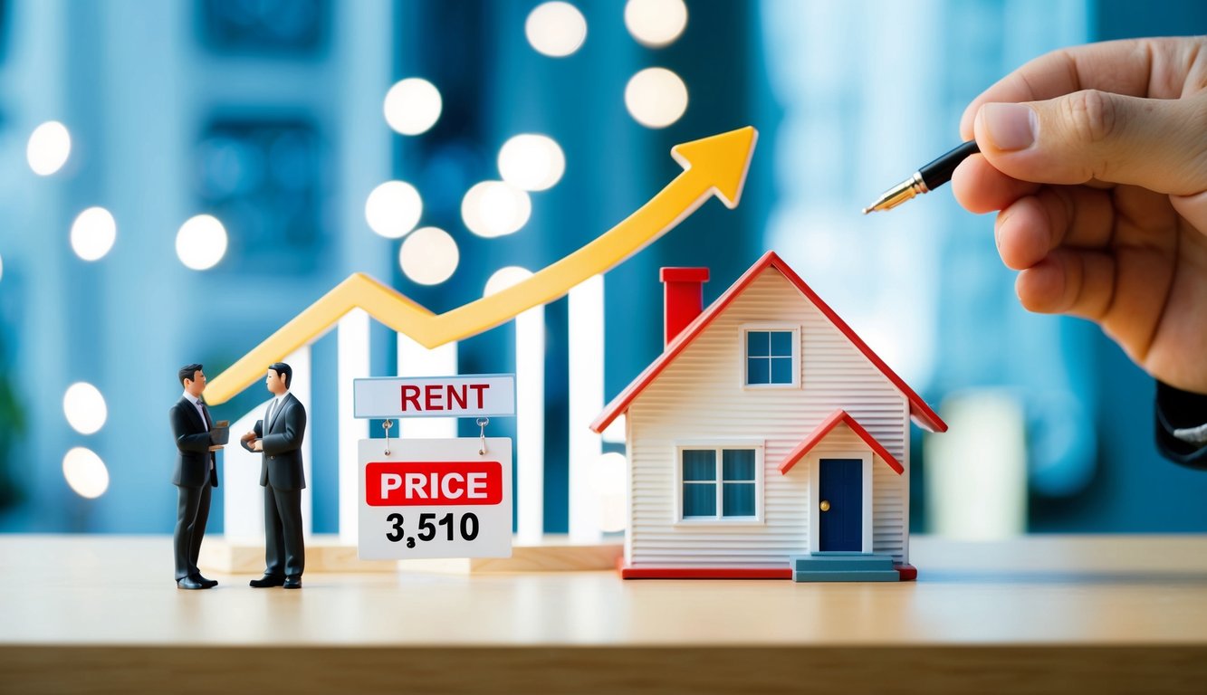 A house surrounded by rising price tags and a graph showing increasing property values and two investors discuss how much rent they will collect.