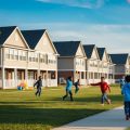 A row of rental houses, across from a bustling school campus with children playing.