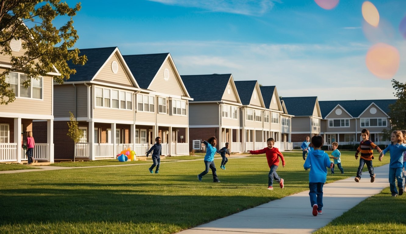 A row of rental houses, across from a bustling school campus with children playing.