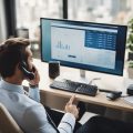 A real estate investor talking on the phone while looking at a computer screen with property listings, surrounded by a map and a calculator