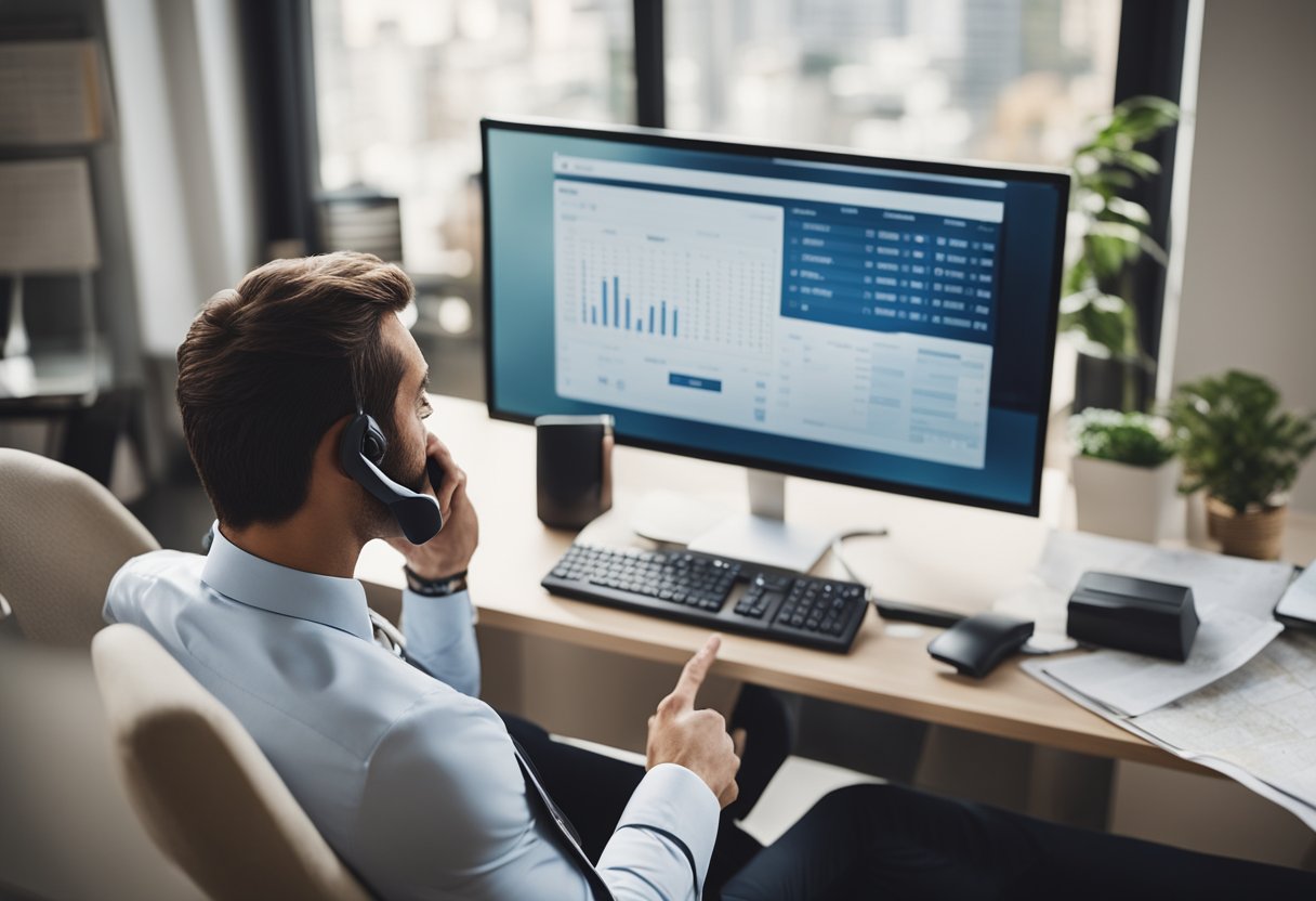 A real estate investor talking on the phone while looking at a computer screen with property listings, surrounded by a map and a calculator