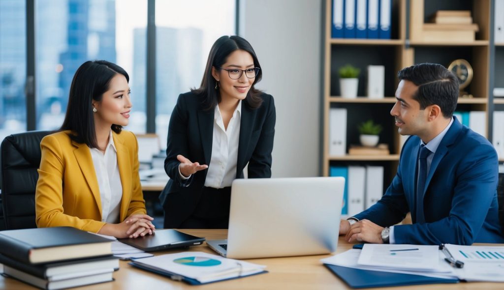 Two female real estate investors talking with their male colleague in their office about tools and technology to use for remote real estate sales. Their desk has a laptop and various books and reports.